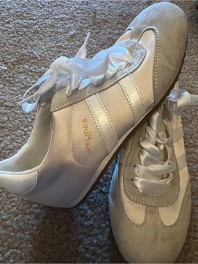 J/SLIDES Women's White Satin Ribbon Lace-Up Sneakers with Suede Accents